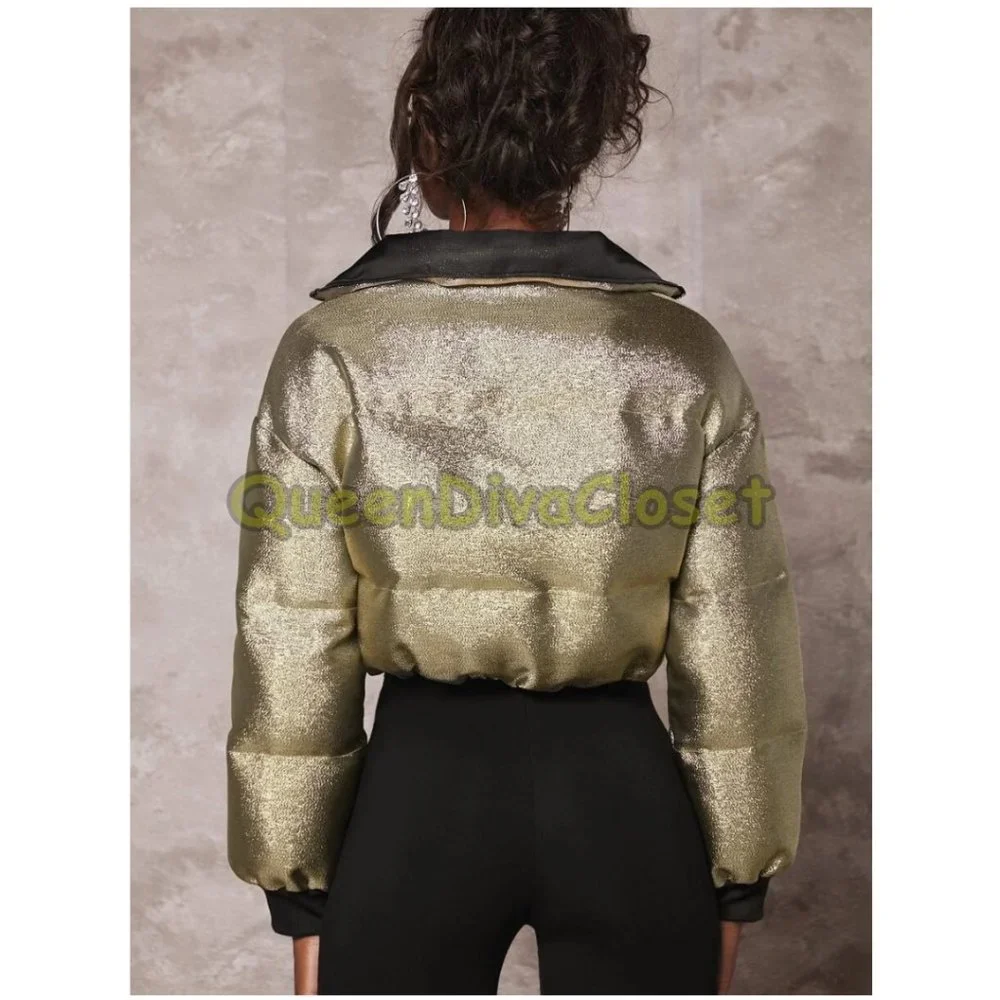 New BAE Metallic Gold Panel Zipper Up Crop Puff Puffer Coat Jacket L 8/10 - Picture 6 of 6